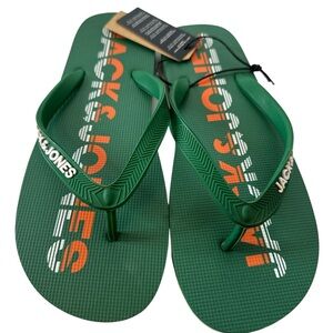 JACK & JONES Mens Logo Flip Flops Sandals Black Summer Beach Shoes Size 9/10 New